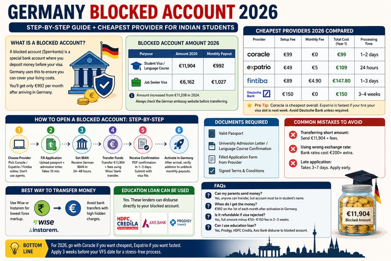 Germany Blocked Account 2026 infographic showing blocked account amount, cheapest providers.