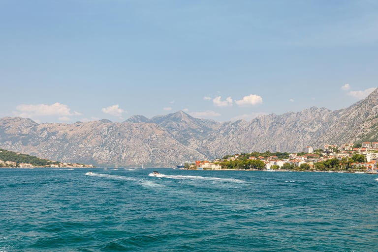 Bay of Kotor with mountains and coastal town in Montenegro