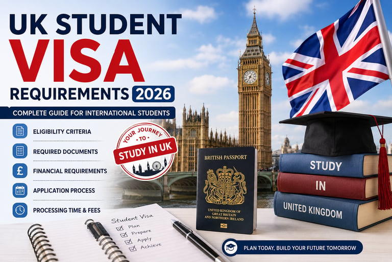 The image represents UK Student Visa Requirements 2026 for international students.