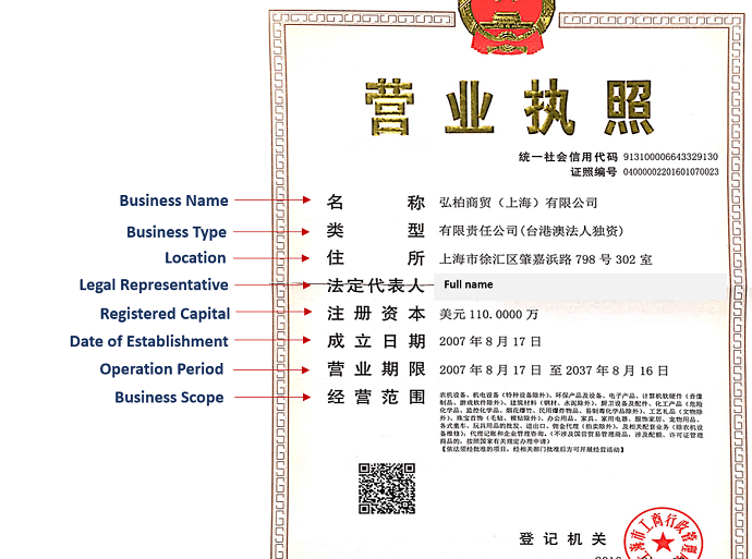 Chinese business license example