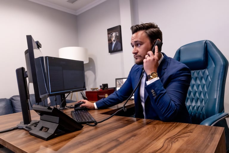 a man in a suit and tie is talking on the phone