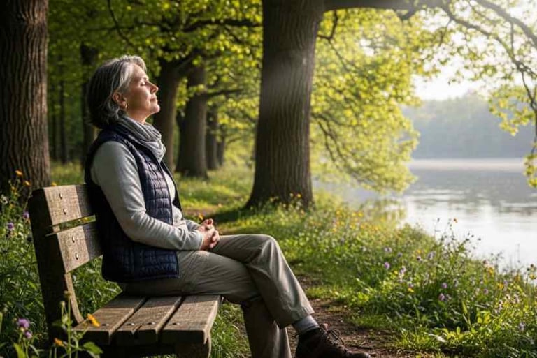 essoa madura sentada em um banco ao ar livre, respirando fundo, expressão serena, natureza ao redor.