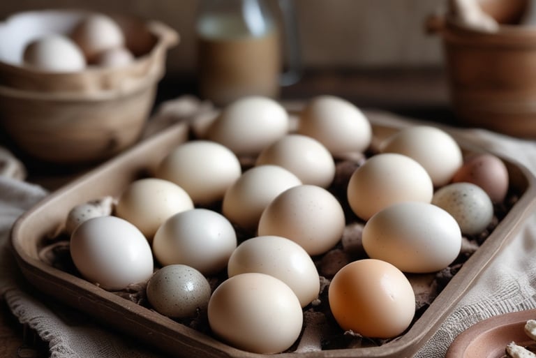 Close-up of colorful chicken eggs in a rustic basket