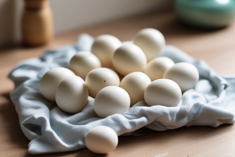 Close-up of colorful chicken eggs in a rustic basket