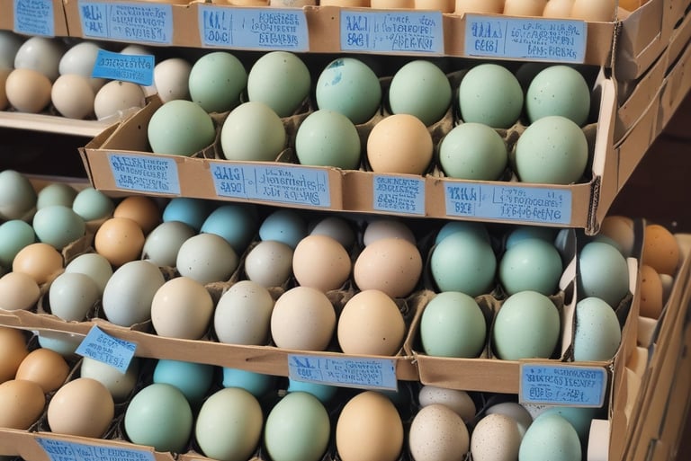 Close-up of colorful chicken eggs in a rustic basket