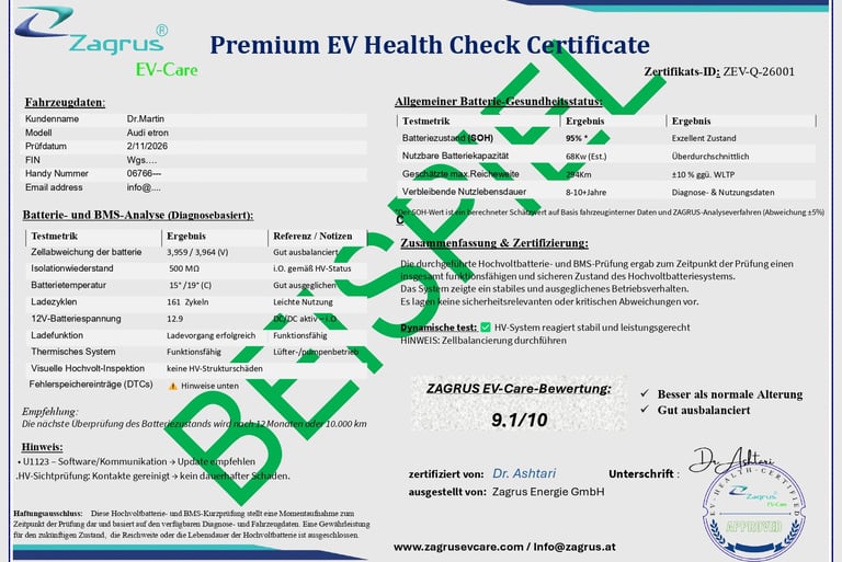 Premium HV Batterie Zertifikat für Elektroauto und Autohaus in Österreich – Zagrus EV Care Bewertung