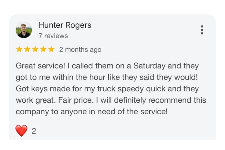 Screenshot of a five-star Google Review about fast and affordable car key replacement locksmith service