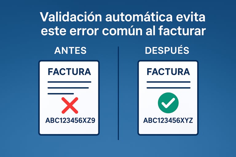 Diseño tipo "antes/después": Izquierda: factura tachada con RFC erróneo. Derecha: check verde sobre 