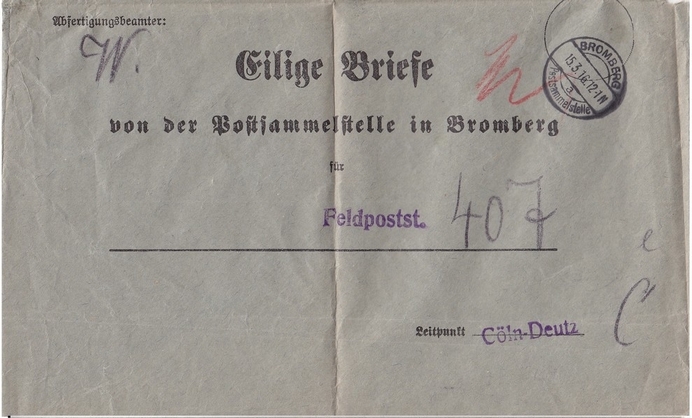 Dispatch envelope containing mail sent by the Postsammelstelle in BROMBERG