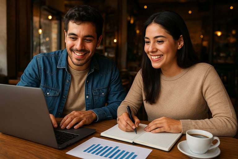 Dos emprendedores analizando su empresa en un restaurante con computadora y estadísticas