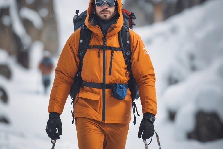 A pair of green hiking shoes with black and yellow accents are worn by someone standing on rocky terrain next to snow. The shoes appear slightly muddy and have a rugged design suitable for outdoor activities.