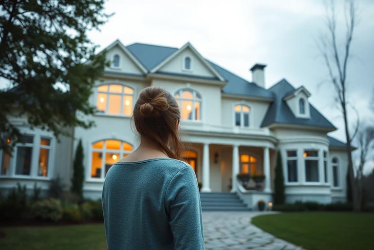 a woman standing in front of a house 