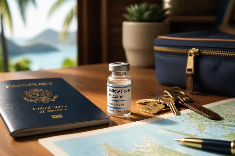 Yellow fever vaccine vial on a desk with a US passport and travel map for international trip planning.