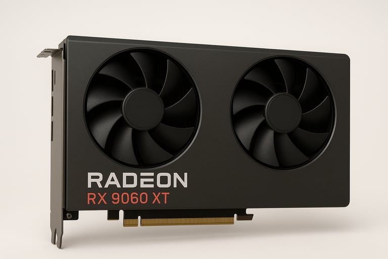 AMD Radeon RX 9060 XT high-end gaming graphics card with triple-fan cooler and sleek RGB lighting