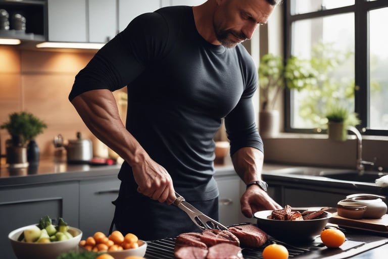 Fit man in his 40s cooking steak and eggs in a modern kitchen with masculine lighting, dark tones, s