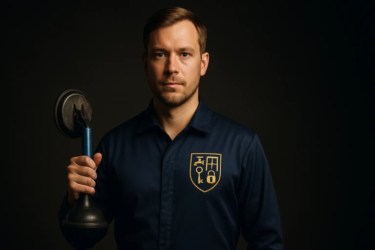 vitrier avec une ventouse en main