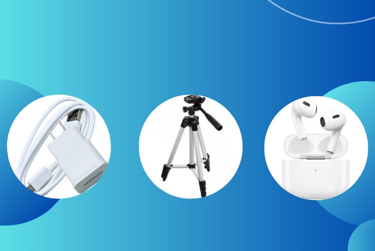 A pic representing mobile accessories – chargers, ring lights, and more – at ZahanatOnline