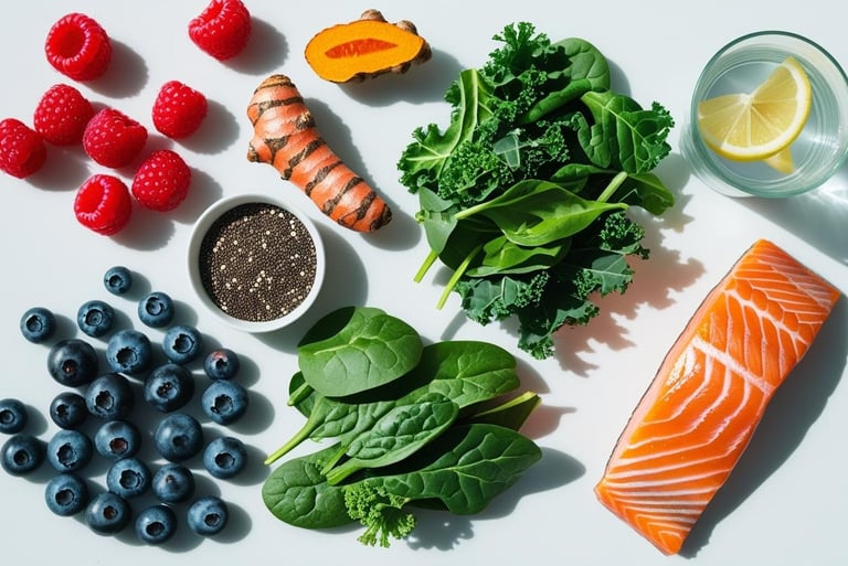 Top-down flat lay of healing foods: berries, leafy greens, turmeric root, chia seeds, fatty fish (li