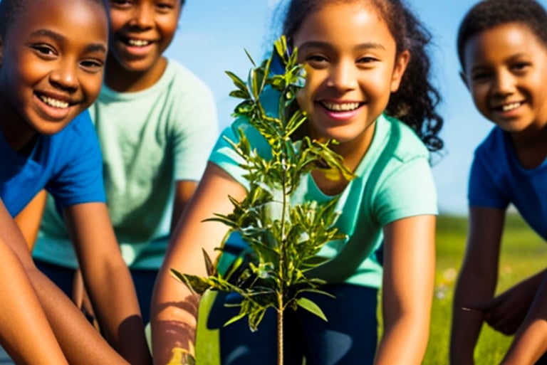 A group of smiling diverse children planting a young tree together in a sunny field for environmental conservation.