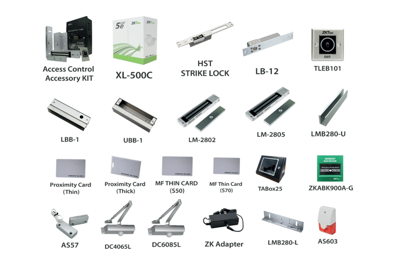 a variety of different types of accessories for access controls from ZKTECO Brand