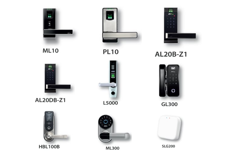 a bunch of different types of access controls and smart locks from ZK TECO Brand