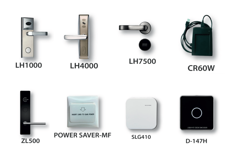 a bunch of different types of access controls and smart locks for hotels from ZK TECO Brand