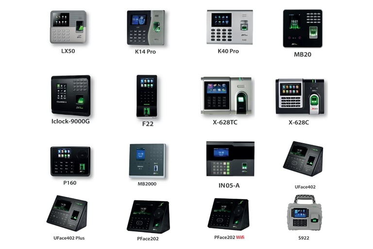 a bunch of different types of access controls and time attendance devices from ZK TECO Brand