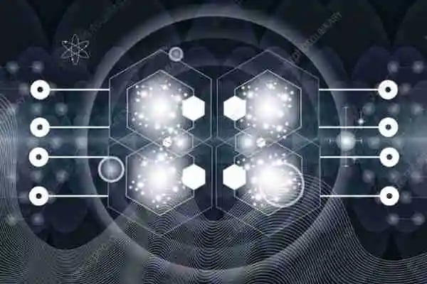 Abstract digital background featuring hexagonal shapes, glowing particles, and neural network data symbols.