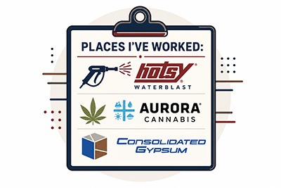 Places I've worked: Hotsy Waterblast, Aurora Cannabis, Consolidated Gypsum