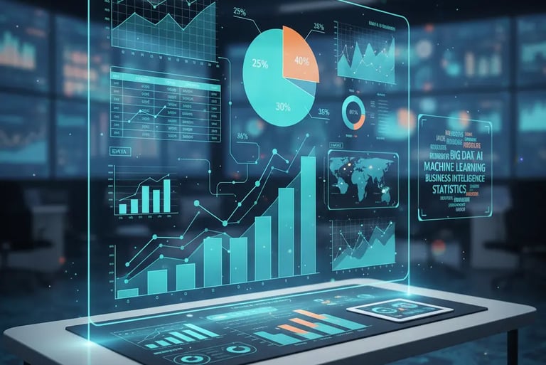 Dashboard with charts, graphs, and analytics data in a digital blue theme