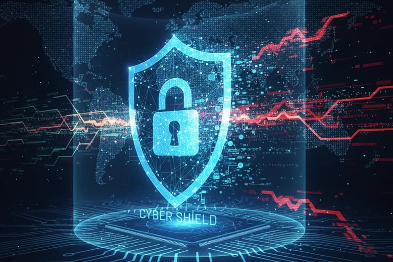 Glowing digital shield icon representing cybersecurity protection