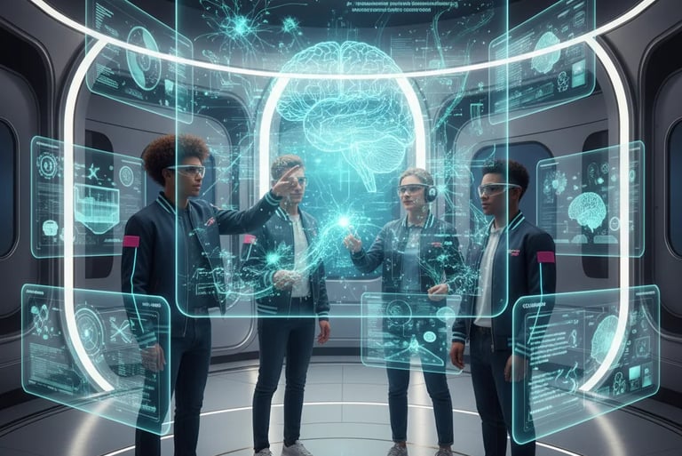 Digital futuristic AI interface showing a robotic figure and neural network graphics