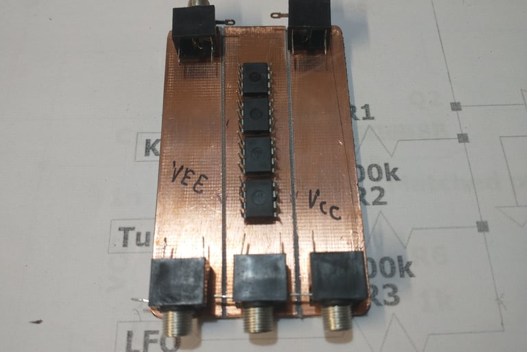 Deadbug VCO PCB with cuts for VCC, VEE and GND