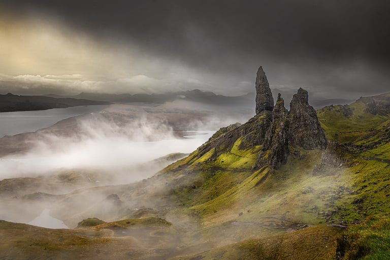 Old Man of Storr in mist landscape