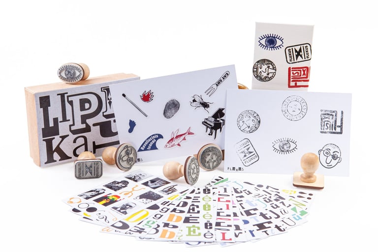 Set for postal art. Postcards, stickers, stamps. 