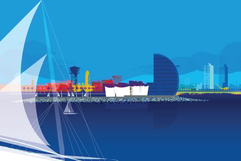 Illustration of skyline of Barcelona from the sea by Tomo Iida