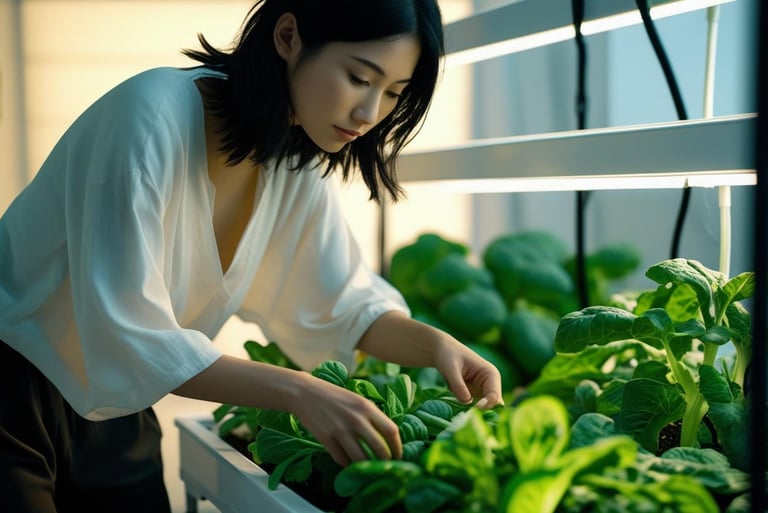 Woman working on hydroponic vegetables
