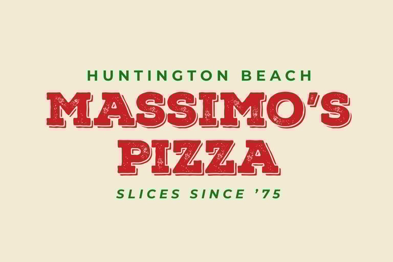 Massimo’s Pizza rebrand logo with vintage red lettering, green accents, Huntington Beach tagline.