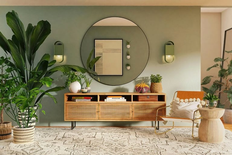 Tropical plants with mid-century furniture, sage green accent wall, earthy tones and natural wood.