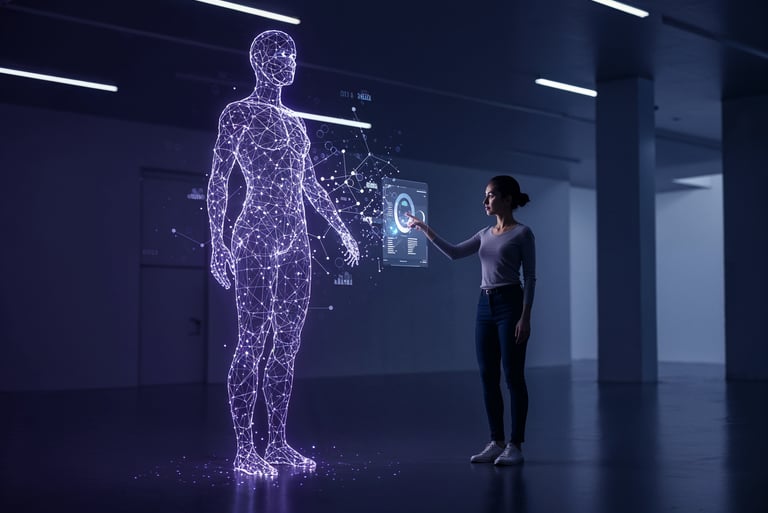 a woman is standing in a room with a large screen displaying a android