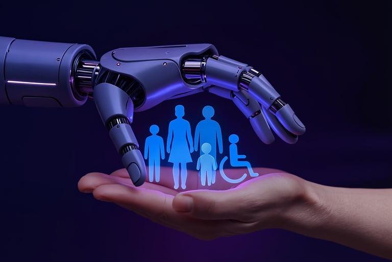a human hand holding a paper cutout of people and a robotic hand is protecting them from above