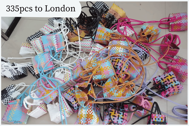 Pengiriman grosir 335 pcs tas anyaman jali jali Craftvitas Indonesia ke London