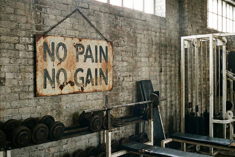 Cartel desgastado de NO PAIN NO GAIN colgado en la pared de un gimnasio.