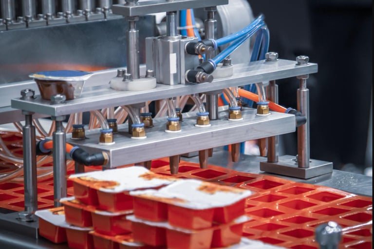 Automatic industrial food filling machine packaging sauces into plastic cups on a conveyor line.