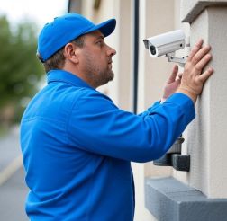 Professional technician in blue uniform installing a white outdoor security camera on a wall.