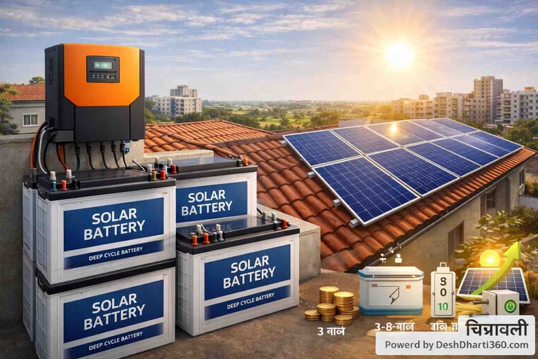 घर की छत पर सोलर पैनल के साथ सोलर बैटरी और इन्वर्टर सिस्टम