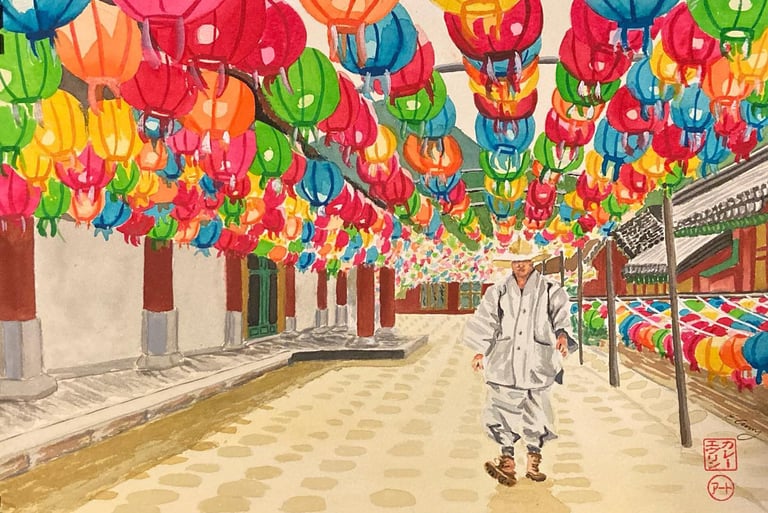 original watercolor painting South Korea lanterns Buddhist temple