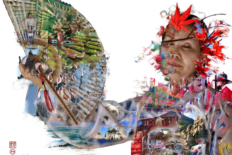 digital photo montage print, portrait woman, South Korea, collage photography, travel enthusiast 