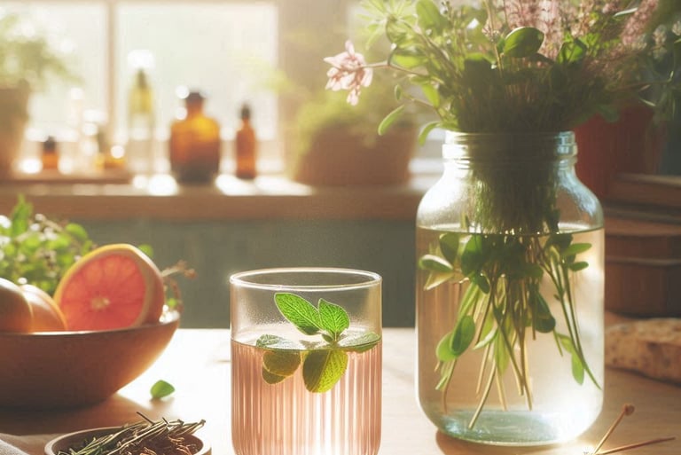 a jar and glass with a herbal tonic on a table near a window with sun shining in
