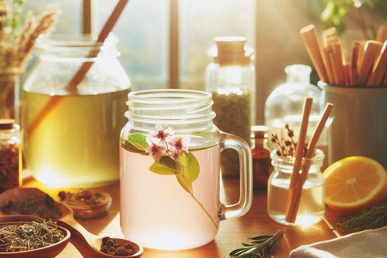 a pink herbal tonic in a jar, set on a table near a kitchen window
